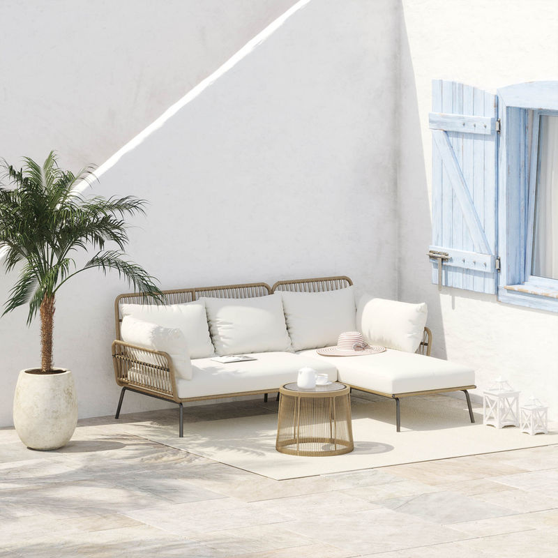 Outsunny 3-teiliges Rattan Gartenmöbel Set mit 2-Sitzer Sofa, Chaise Longue und Beistelltisch in Beige und Kaffee - Bild 2