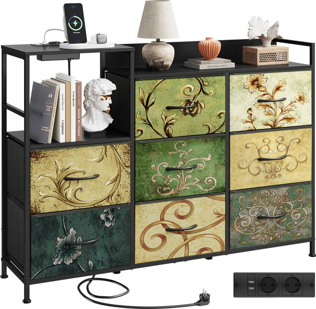 WLIVE Kommode mit 8 Stoffschubladen im Bohemien-Design, Braun/Mehrfarbig, Floral - Bild 1