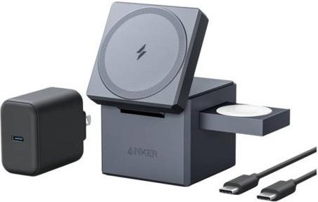 Anker 3-in-1 Cube Kabelloses Ladegerät mit MagSafe und AC-Netzteil in Schwarz und Grau - Bild 1