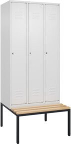 C+P Spind Classic PLUS Garderobenschrank mit Sitzbank, 3 Abteile, B/T/H: 212 x 90 x 81,5 cm, Zylinderschloss, 4 Garderobenhaken, mittige Trennwand, Buche-Hartholz und Stahl - Bild 1