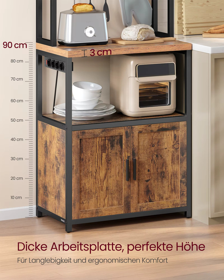 VASAGLE Küchenregal im Industrial Design mit Steckdosen und 8 Haken, Farbe: Vintagebraun-Mattschwarz, Höhe: 90 cm - Bild 2