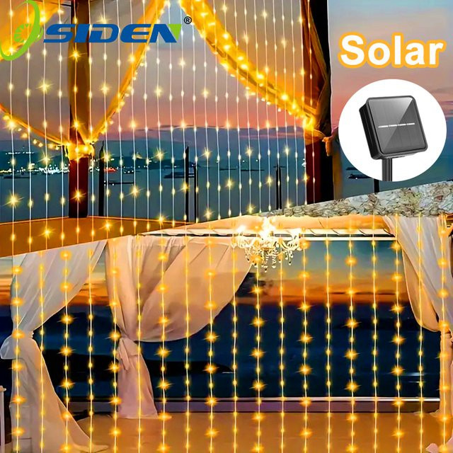 OSIDEN Solar LED Hof-Vorhang-Lichterkette mit 300 LEDs in Warmweiß, wasserdicht mit 8 Modi für Garten und Außenbereich - Bild 1