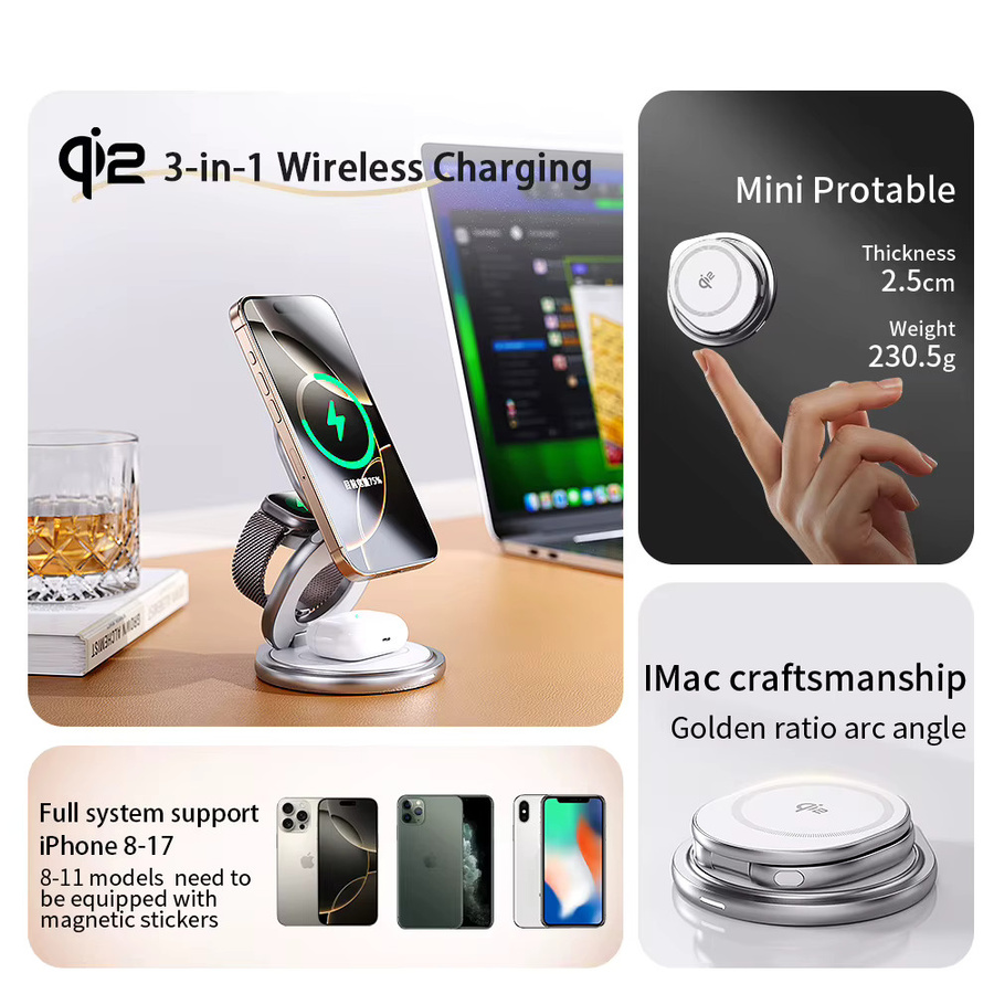 CrownQu 15W QI2 Magnetisches Kabelloses Ladegerät in Grau mit 360 Grad drehbarem und faltbarem Ladeständer für iPhone, Apple Watch und AirPods - Bild 4