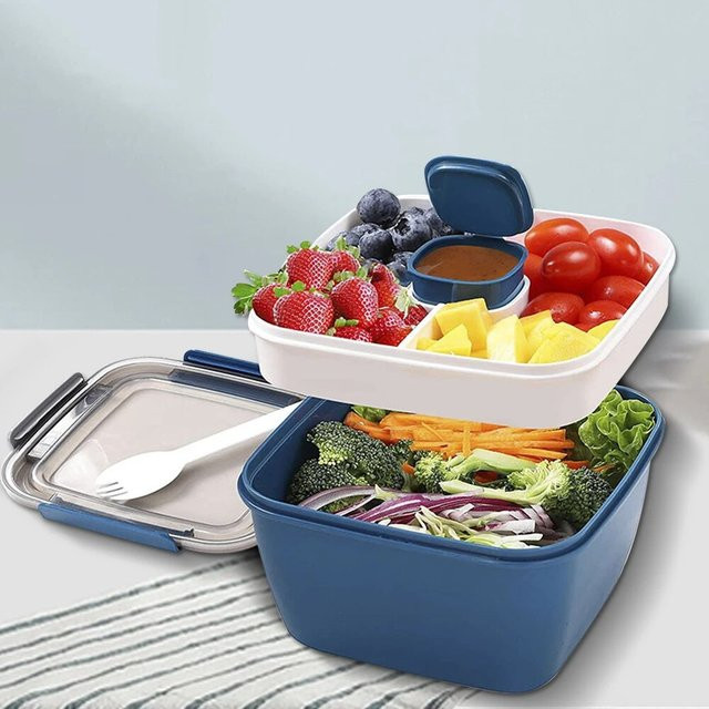 MYVIT Bento Box Lunchbox mit 2 Schichten und Trennfächern, Blau, 1100 ml oder 1500 ml - Bild 1