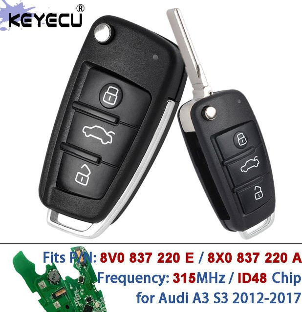 KEYECU Klappbarer Keyless-Go Fernschlüssel mit ID48 Chip für Audi A3 S3, 315MHz, Schwarz - Bild 1