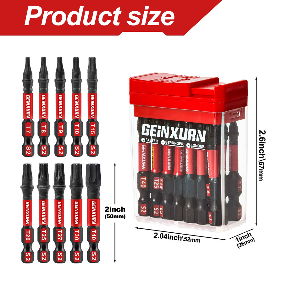 Geinxurn 20-teiliges Schlag-Torx-Schraubendreher-Bit-Set aus S2-Stahl mit Aufbewahrungsbox, rot - Bild 2