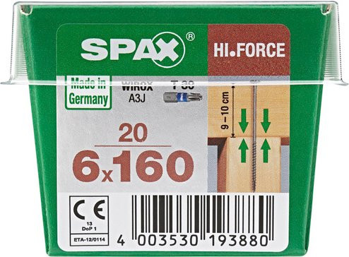 Spax Holzbauschraube mit Torx-Antrieb aus Stahl, silberfarben, 20 Stück, Durchmesser: 6 mm, Länge: 160 mm - Bild 1