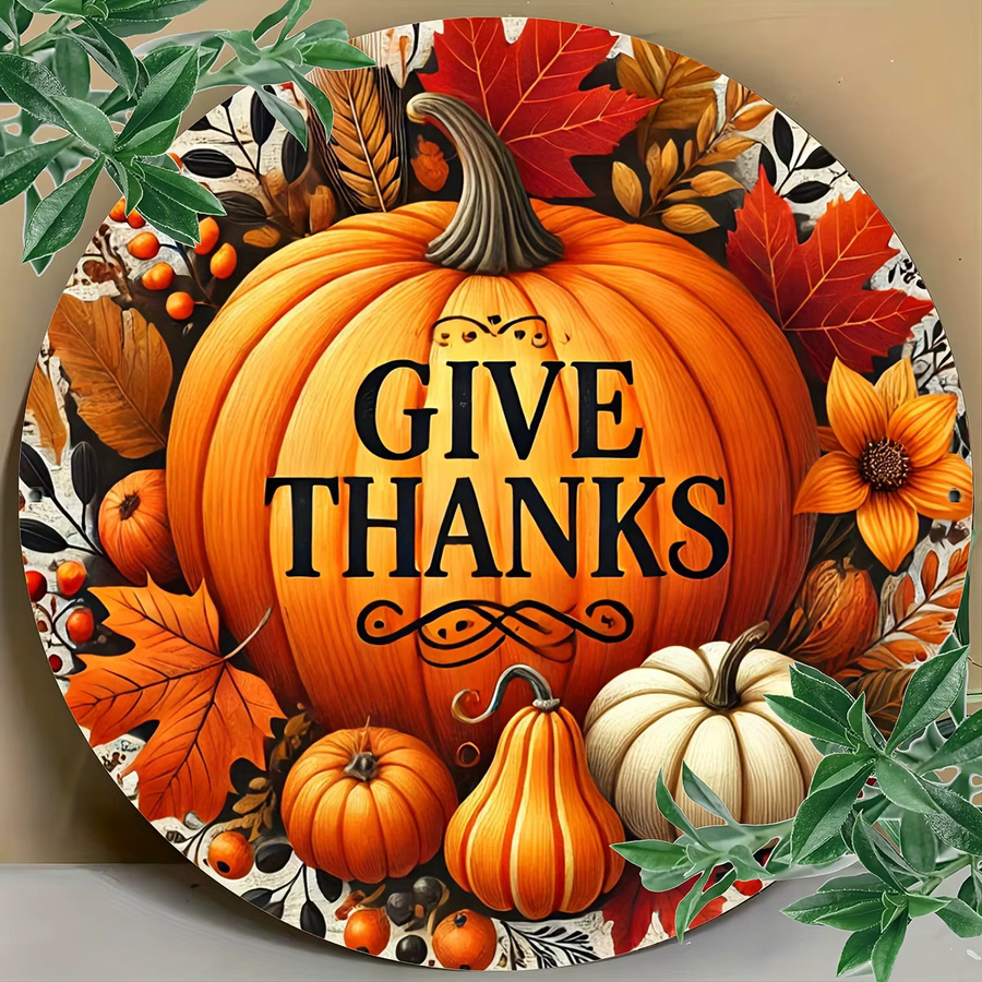 Potdemiel Vintage Thanksgiving Aluminium Metallschild mit Herbstkürbis und Blättern, Durchmesser: 20,32 cm - Bild 3