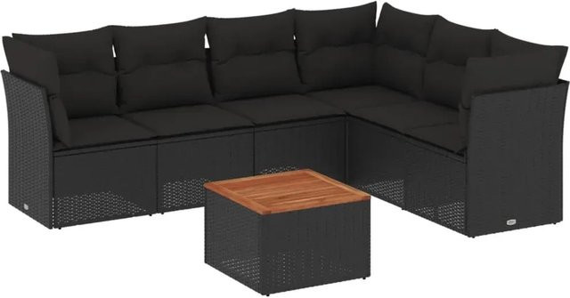 vidaXL 7-tlg. Garten-Sofagarnitur aus Polyrattan in Schwarz mit Kissen und Tisch in L-Form - Bild 1