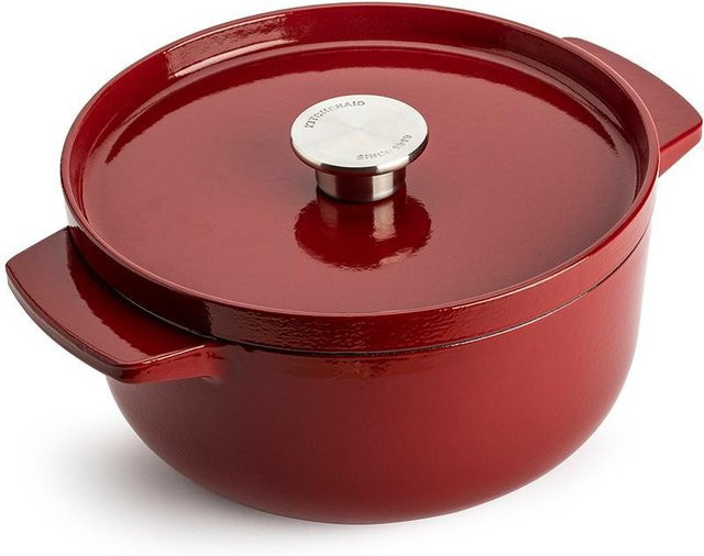 KitchenAid Bräter aus emailliertem Gusseisen mit Deckel, rund, Rot, Volumen: 3,3 l, Durchmesser: 22 cm - Bild 1
