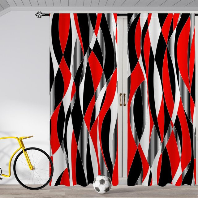 2er-Set Abstrakte Kunst Fenstervorhänge von Yiran Furniture mit Streifenmuster in Rot und Schwarz, B: 50 cm, H: 130 cm - Bild 1