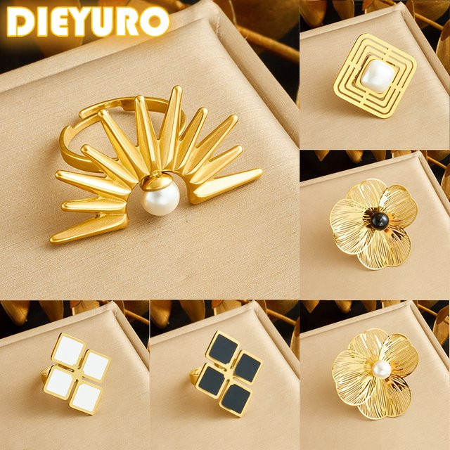 DIEYURO Ring, 316L Edelstahl, Gold Farbe, Perle, Blume, Damen - Bild 1