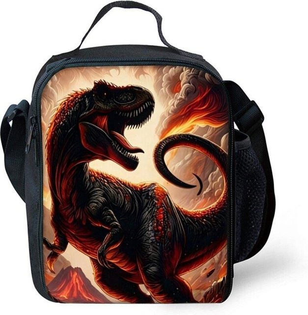 Isolierte Lunchbox mit Vulkan-Dinosaurier-Print von Fancy Style Studio, Schwarz, Thermotasche mit Schultergurt für Picknick und Lebensmittelaufbewahrung - Bild 1
