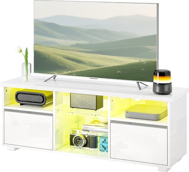 HOMCOM TV-Schrank Weiß mit LED-Beleuchtung und verstellbaren Glasregalen für Fernseher bis 55 Zoll, Breite: 120 cm - Bild 1