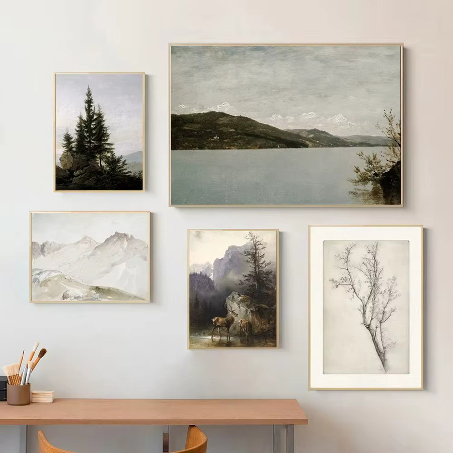 Potdemiel Vintage Wandkunst Leinwandposter Berg-Galerie mit Wald- und See-Landschaft in Mehrfarbig - Bild 3
