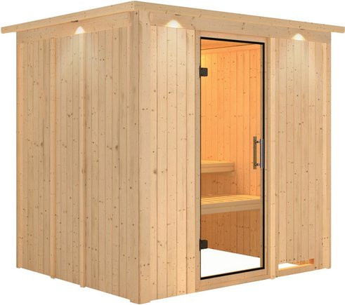 Karibu Sauna Rakvere für 3 Personen aus Fichtenholz in Beige ohne Ofen B: 202 cm, T: 184 cm, H: 210 cm - Bild 1