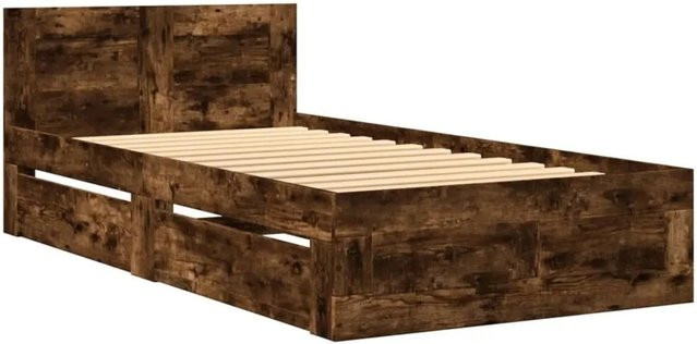 vidaXL Bettgestell mit Kopfteil und Schubladen aus Holzwerkstoff in Räuchereiche, Farbe: Braun, B/H: 75 x 190 cm - Bild 1