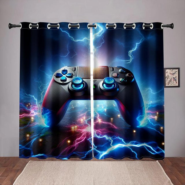 2er-Set Yiran Furniture Fenster Vorhang mit Gamepad-Print in Blau, B: 100 cm, H: 130 cm - Bild 1