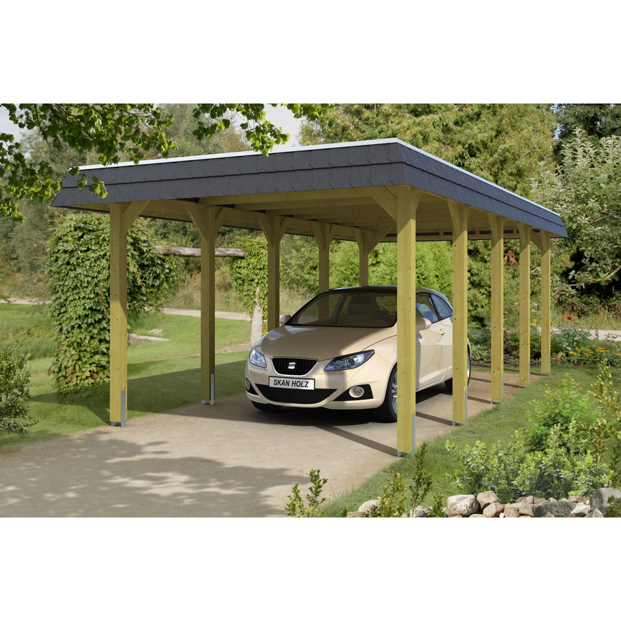 Skan Holz Carport Spreewald mit Walmdach aus Nadelholz und Aluminium-Dachplatten, Farbe: Schwarz oder Grün, B/T: 345 x 741 cm, Höhe: 241 cm - Bild 2