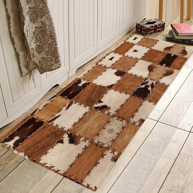 Rutschfeste Western Patchwork Küchenmatte mit Kuhfell-Print in Braun und Multicolour, B: 60 cm, T: 40 cm - Bild 1