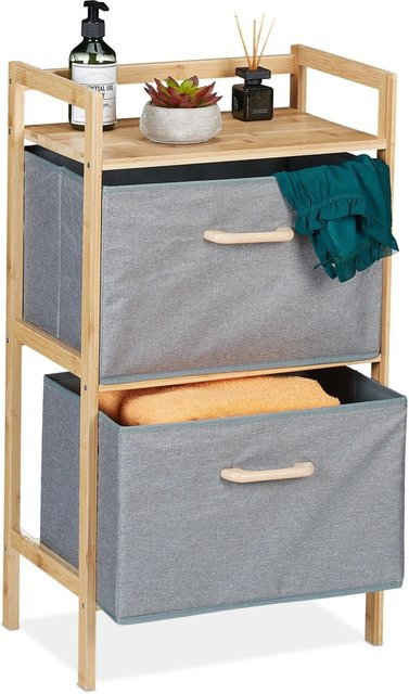 Relaxdays Badregal aus Bambus Natur mit 2 grauen Wäschekörben, B/T/H: 76 x 43 x 27 cm - Bild 1