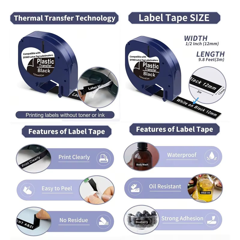 Dymo Etikettenband weiß auf schwarzem Kunststoff für Letra Tag Label Maker Plus LT-100H und LT-100T - Bild 3