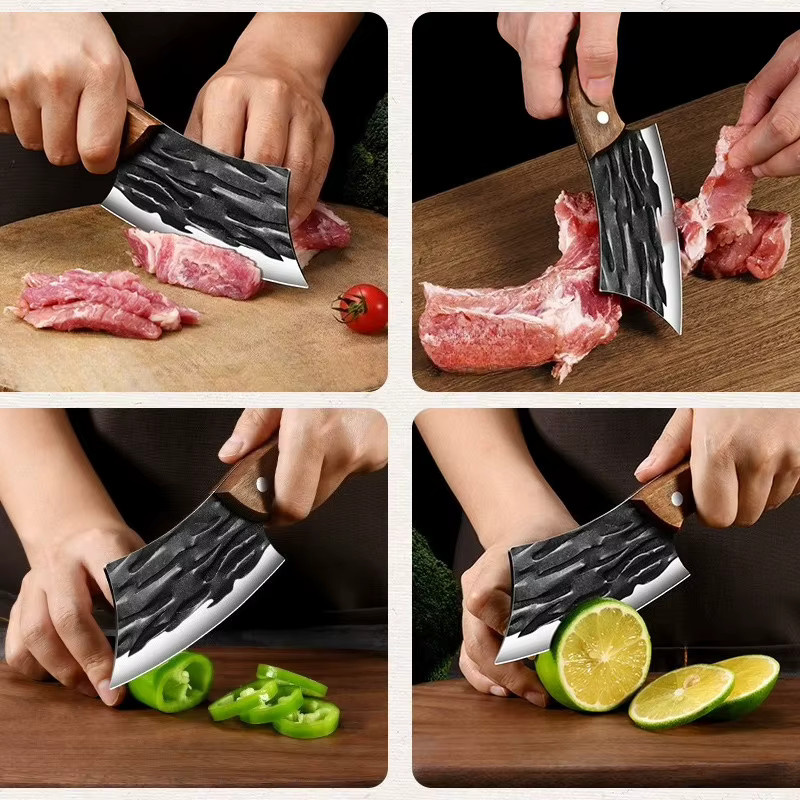 PTIEB Mini Hackmesser aus Edelstahl mit Holzgriff in Schwarz und Silber für Fisch, Fleisch und Gemüse - Bild 4
