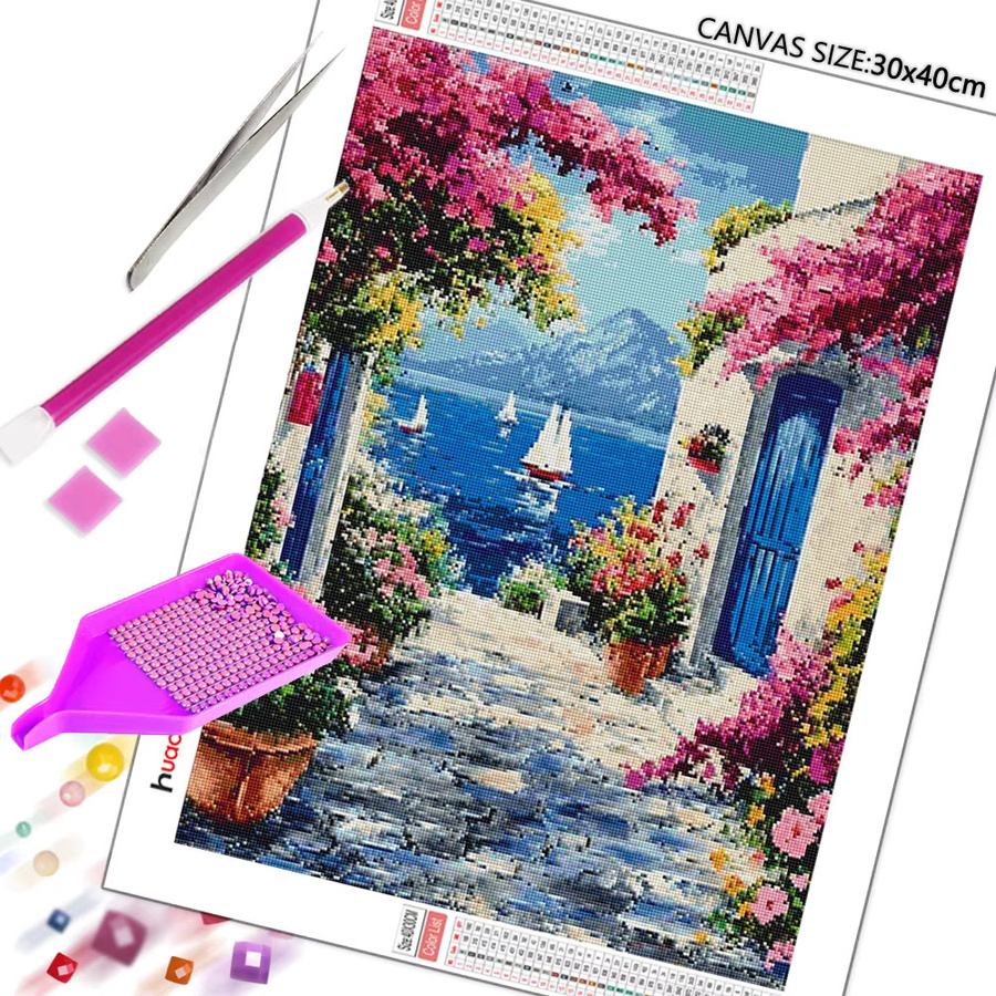 Huacan Diamantmalerei Strandhaus mit Blumen und mediterraner Landschaft, Multicolour, B/H/T: 30 x 20 x 20 cm - Bild 2