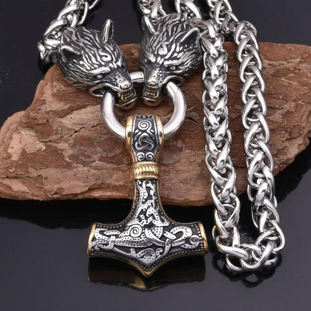 Take One Halskette Runenhammer-Wolfskopf, Gold, 60 cm, Herren - Bild 1