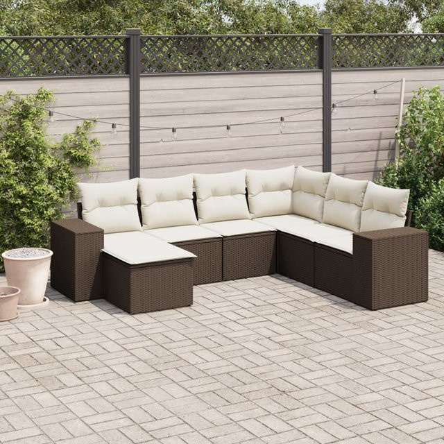 vidaXL 7-teilige Garten-Sofagarnitur in L-Form aus Polyrattan mit Kissen in Braun - Bild 3
