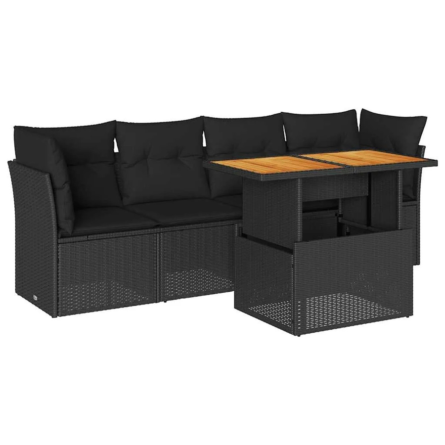 vidaXL 5-teilige Garten-Sofagarnitur aus Poly-Rattan und Akazienholz in Schwarz mit Kissen - Bild 2