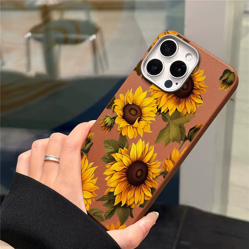 Braune Handyhülle mit Sonnenblumen-Litschi-Muster für Apple iPhone 16 15 14 13 12 11 Pro Max Pro XS X XR 7 8 Plus und 17 Air Bumper Cover - Bild 2