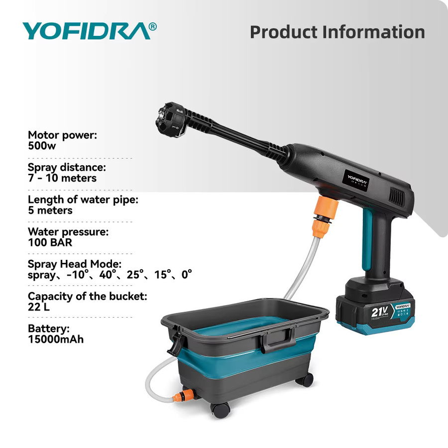 YOFIDRA Hochdruck Auto Waschmaschine Pistole mit 22L Wassertank und 100 Bar für Makita 18V Akku - Bild 2