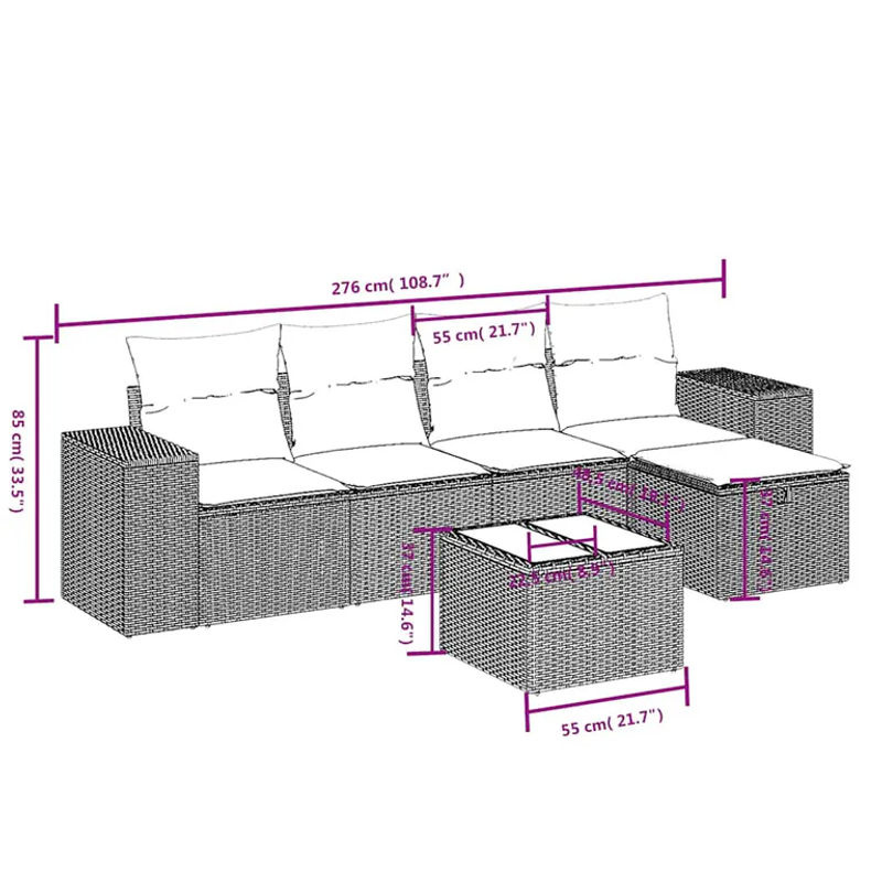 vidaXL 6-tlg Garten-Sofagarnitur aus Poly-Rattan mit Kissen und Glastisch in Schwarz - Bild 4