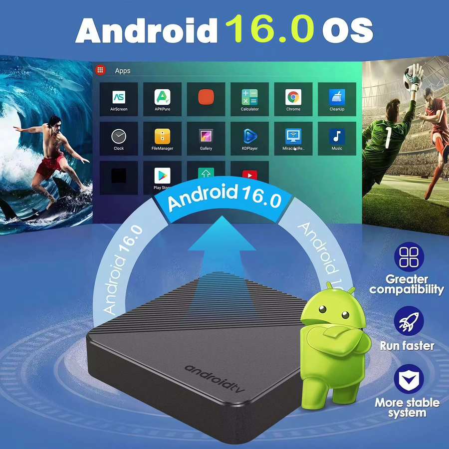 Android Smart TV Box T8 Media Streamer mit Android 16, RK3518, 8GB RAM, 128GB Speicher, Dual Wifi 6, Bluetooth 6.0 und Google Assistant Sprachfernbedienung, Schwarz - Bild 2