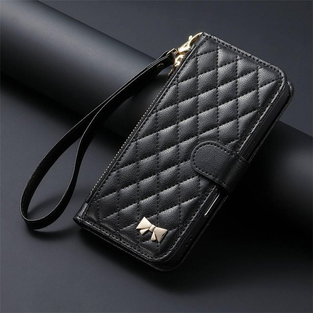 Leder Handyhülle mit Handgelenk-Schlaufe und Kartenfächern für Apple iPhone 15 Pro Max, 14, 13, 12, 16 Plus, 17 Pro Max in Schwarz - Bild 1