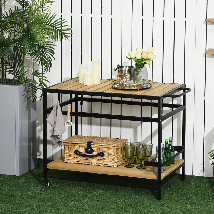 Outsunny Servierwagen Barbecue Trolley aus Massivholz und Stahl in Natur mit 2 Regalen und Haken, B/T/H: 65 x 107 x 80 cm - Bild 3