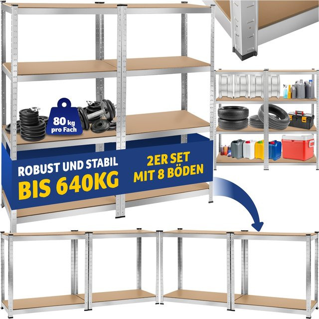 tectake Schwerlastregal mit verzinktem Stahlgestell und MDF-Böden in Silber, B/T/H: 160 x 40 x 160 cm - Bild 1