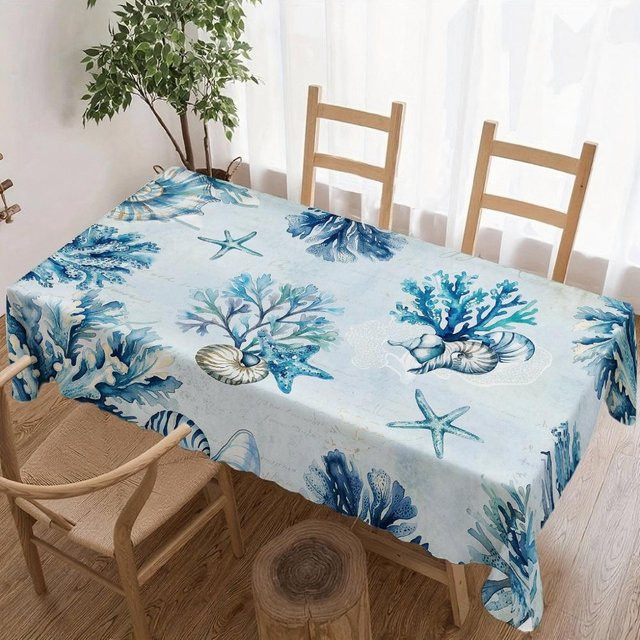 Wasserdichte rechteckige Tischdecke mit Korallen-Seestern-Motiv von JINGYUE Pet in Blau, B/L: 100 x 160 cm - Bild 1