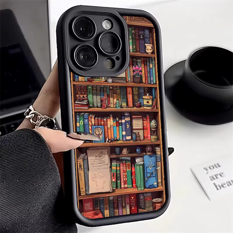 Bücherregal-Handyhülle für Apple iPhone 17 AIR 16 15 14 13 Pro 12 11 Pro Xs X XR Max aus Silikon in Schwarz und Mehrfarbig - Bild 1