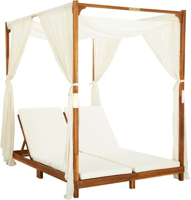 Doppel-Sonnenliege VD Home Furnishing aus massivem Akazienholz mit Vorhängen, Kissen und Sonnenbaldachin in Cremeweiß, Länge: 200 cm - Bild 1
