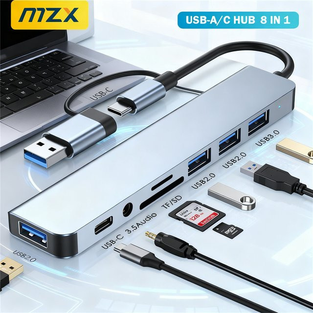 MZX 8-in-1 USB A C Hub Dockingstation Multi-Adapter mit SD TF Kartenleser und Audio Anschluss für Laptop und PC - Bild 1