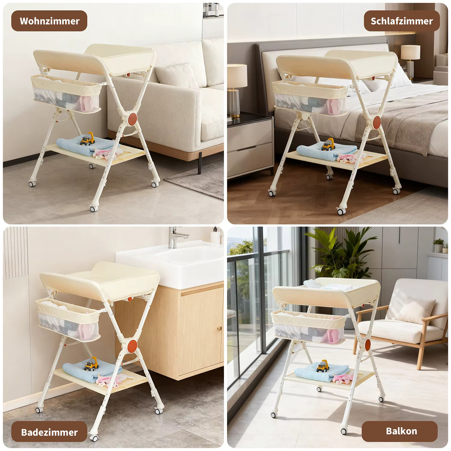 HiMiss Klappbarer Wickeltisch in Beige aus Metall und Stoff mit Höhenverstellung, Sicherheitsgurt und Stauraum für Neugeborene und Kleinkinder - Bild 2