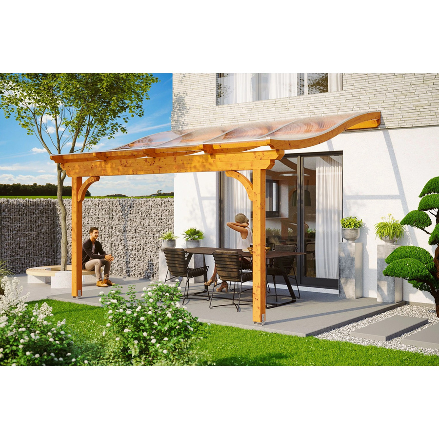 Skan Holz Terrassenüberdachung Verona aus Leimholz in Eiche hell mit Polycarbonat-Dach, Breite: 434 cm, Tiefe: 239 cm - Bild 2