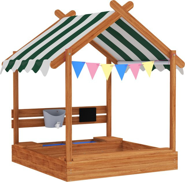 Outsunny Sandkasten aus Holz mit Dach und Sitzplatz, Spielhaus mit Tafel für Kinder von 3-7 Jahren, Farbe: Orange, H x B x T: 146 x 124 x 116 cm - Bild 1