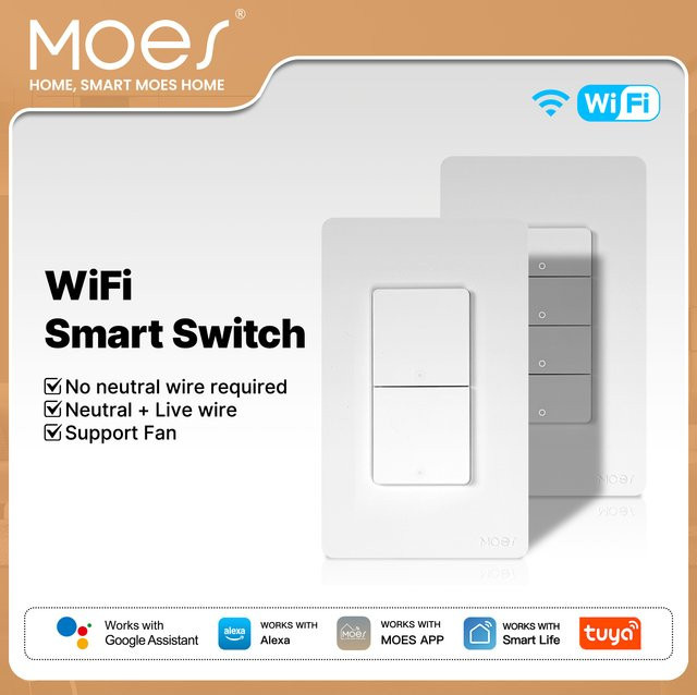 MOES Tuya Wi-Fi Smart Button Wandschalter, einpolig, Weiß, kompatibel mit Alexa und Google Home - Bild 1