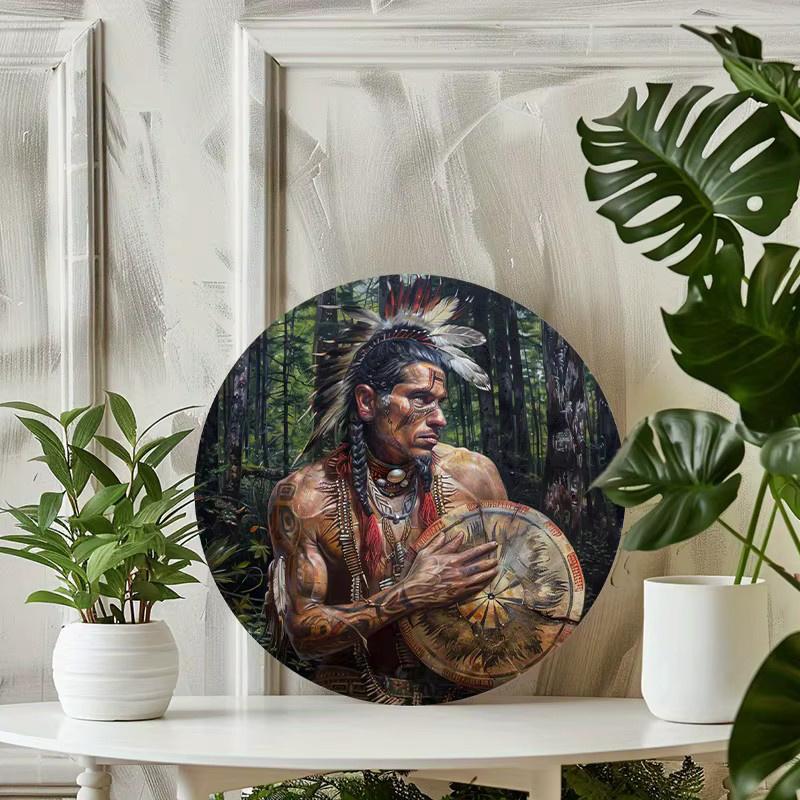 Potdemiel Vintage Native American War Chief Rundes Aluminium-Wanddekorschild aus Metall, Mehrfarbig, Durchmesser: 20,32 cm - Bild 2