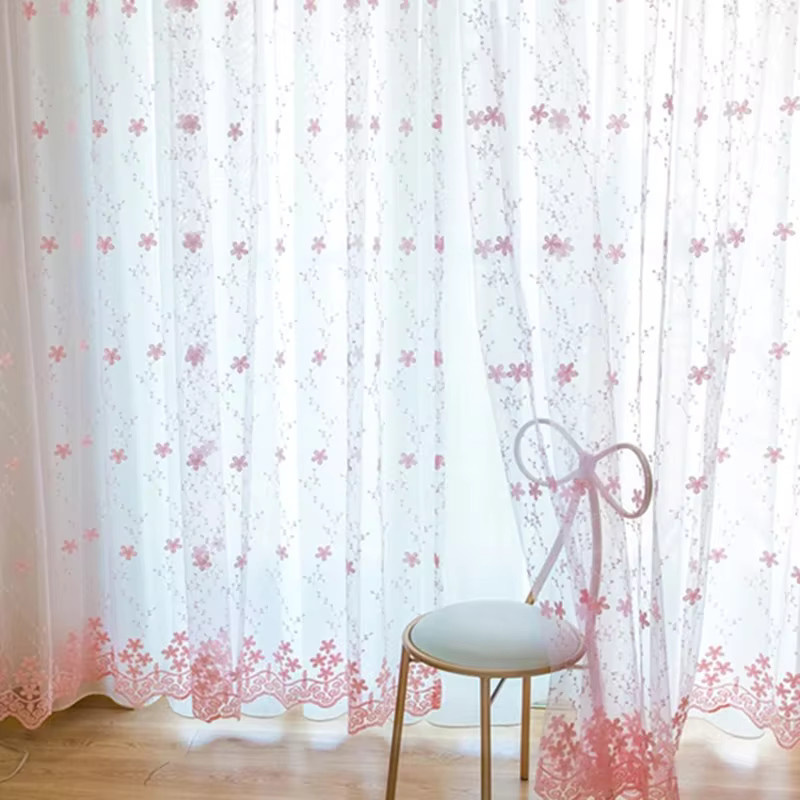 AiFish Transparent Vorhang mit rosa Blumenstickerei im Vintage Bauernhaus Stil, Breite: 100 cm, Höhe: 180 cm - Bild 2