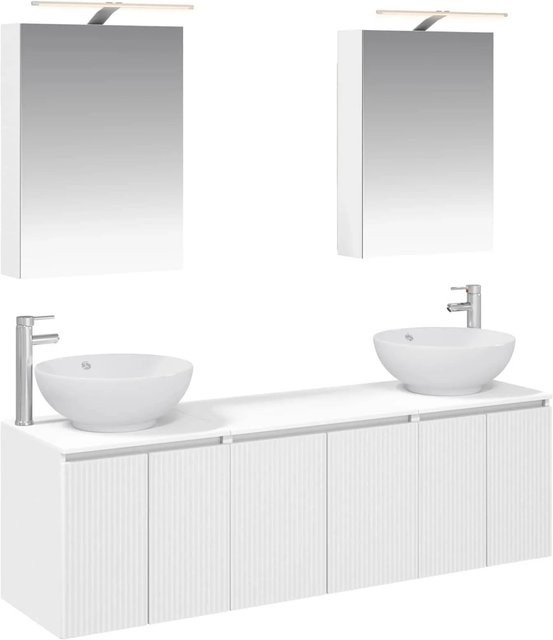 vidaXL Badezimmerschrank-Set in Weiß, 5-teiliges modernes Set aus MDF mit Waschtischunterschrank, Spiegelschrank mit LED-Beleuchtung und Wandunterschrank, matt - Bild 1