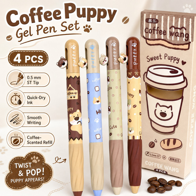 4er Set Duftgelstifte mit Kaffee, Hunde und Katzen Motiv, schwarze Tinte, drehbar, ideal für Schule und Büro - Bild 1